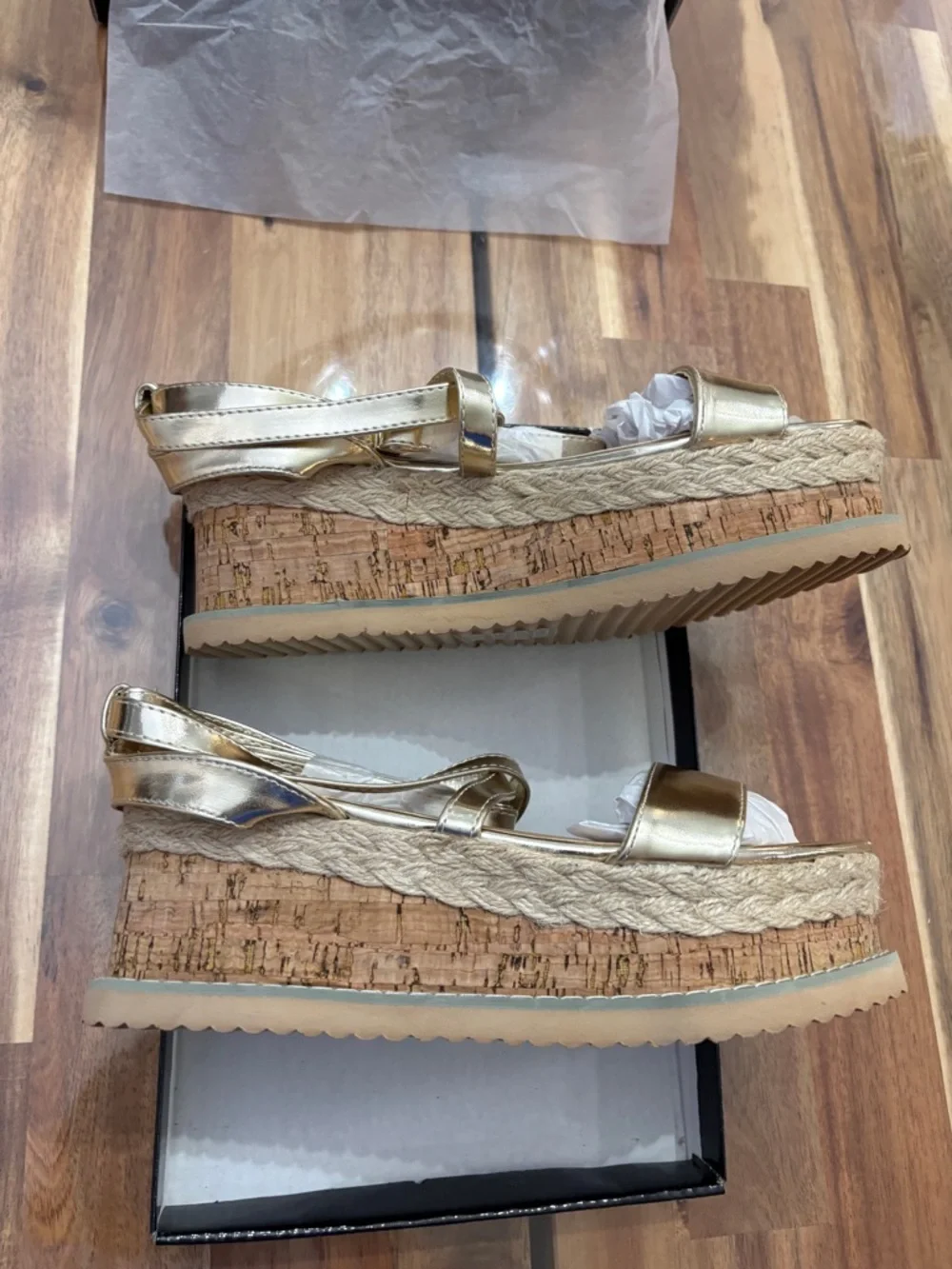 NIB Sz 7 Gold Metallic Espadrille Lace-Up Platform Sandals Wedges Shoes Shiny